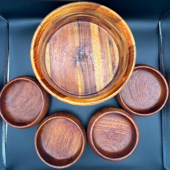 Vintage 1970s Wooden Salad Bowl Set (5 pieces total)